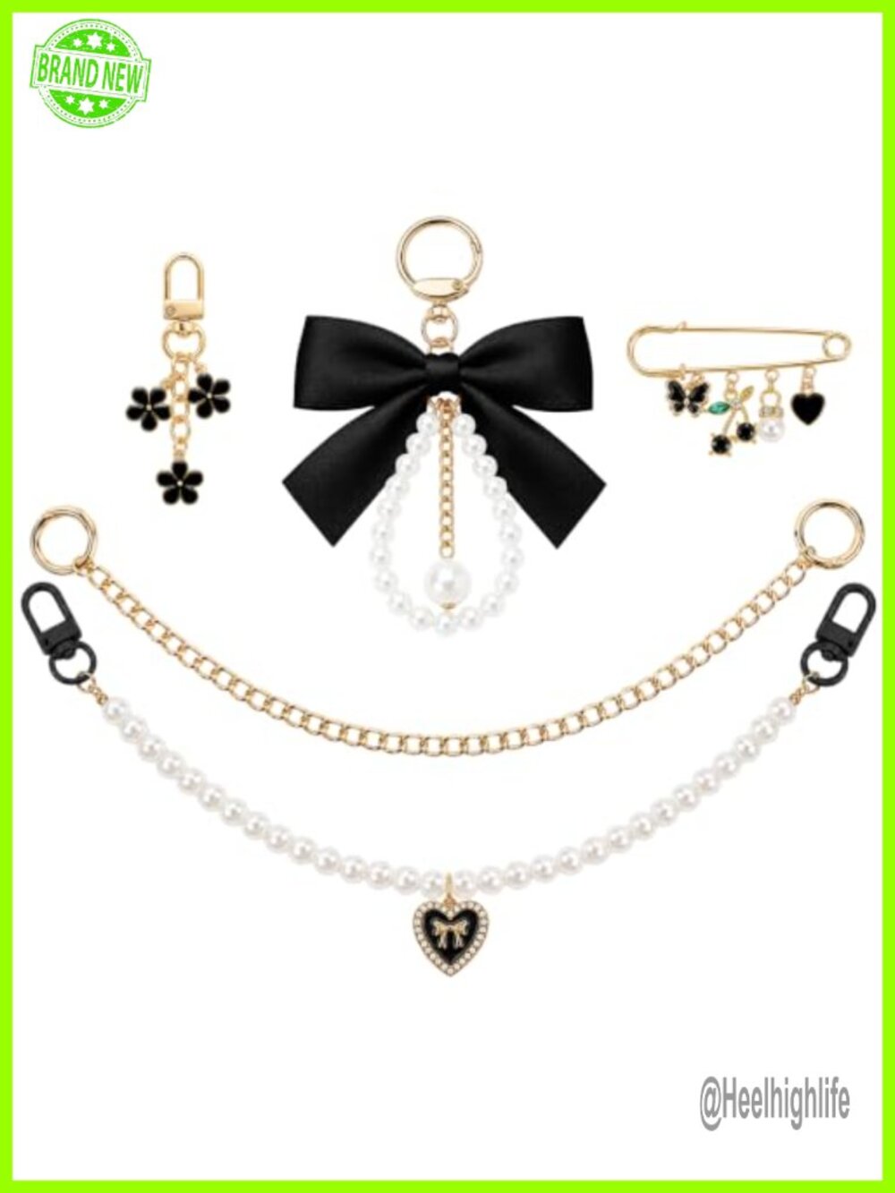 4PC Bag Charm Set Pearl Chain Bow Keychain Safety Pin Purse Accessories